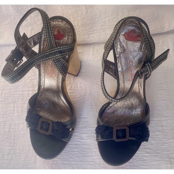 Sean L Faryl Robin Leather Strappy Heels Women’s Size 6 1/2 M Rockstar Cork Wood - Picture 4 of 12